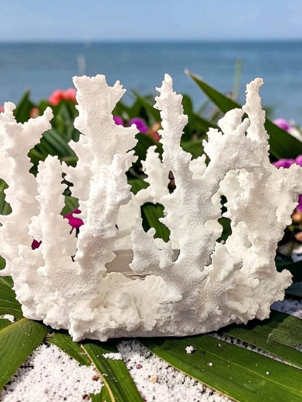 Pottery Barn Faux Coral Candle Holder Pillar White Resin Beach House Coastal